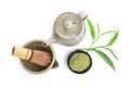 Matcha is a powder of green tea leaves packed with antioxidants on white background