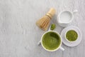 Matcha powder. Organic green matcha tea ceremony. Healthy drink. Traditional japanese drink on white background Royalty Free Stock Photo