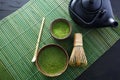 Matcha powder. Organic green matcha tea ceremony. Healthy drink. Traditional japanese drink on black wooden background Royalty Free Stock Photo