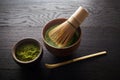 Matcha powder. Organic green matcha tea ceremony. Healthy drink. Traditional japanese drink on white background Royalty Free Stock Photo