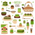 Matcha products. Japanese matcha powder preparation tools, matcha delicious sweets, pastry, ice cream and beverages Royalty Free Stock Photo