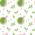 Matcha seamless pattern. Hand drawn traditional japanese drink, cup with latte, chinese green tea, trendy organic delicious