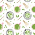 Matcha seamless pattern. Hand drawn traditional japanese drink, cup with latte, chinese green tea, trendy organic delicious