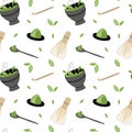 Matcha seamless pattern. Hand drawn traditional japanese drink, cup with latte, chinese green tea, trendy organic delicious