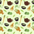 Matcha seamless pattern. Repeated green desserts with tea powder. Drink ceremony. Japanese food. Bamboo whipping pot