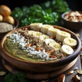 Matcha smoothie bowl with coconut and banana