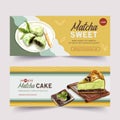 Matcha sweet banner design with cheesecake, Dango, Mochi watercolor illustration