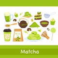 Matcha sweet delicious products from tea powder, set with latte, macaron and cupcake