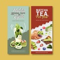 Matcha sweet flyer design with cake, taiyaki, cake roll watercolor illustration