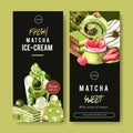 Matcha sweet flyer design with ice cream, cake watercolor illustration