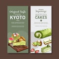 Matcha sweet flyer design with pancake, cake roll watercolor illustration