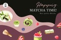 Matcha sweet frame design with cake roll, chasen whisk watercolor illustration