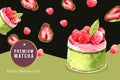 Matcha sweet frame design with cake, strawberries watercolor illustration