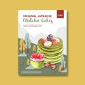 Matcha sweet poster design with pancake, strawberry, banana watercolor illustration