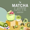 Matcha sweet social media design with cake roll, mochi watercolor illustration