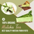 Matcha sweet social media design with mochi, tart watercolor illustration