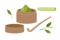 Matcha Tea. Bamboo Matcha Canister Powdered Matcha Green Tea, spoon for making traditional Japanese drink. Flat vector