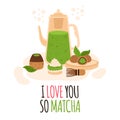 Matcha tea ceremony. Japanese green tea ceremony, matcha latte or tea beverages, teapot and matcha powder preparation