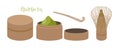 Matcha Tea. Closed and Open Bamboo Matcha Canisters full Powdered Matcha Green Tea, spoon, Matcha Brush for making