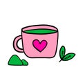 Matcha tea hand drawn vector illustration in cartoon style. Cup of drink and green leaves Royalty Free Stock Photo