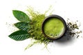 Matcha tea powder explosion mockup with kratom leaves Royalty Free Stock Photo
