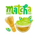 Matcha tea powder with green leaves and whisk chasen. Japanese beverage. Hand-drawn vector. Lettering with bold style