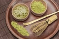 Matcha tea powder and tea in wooden bowls. Bamboo whisk and spoon on a ceramic plate