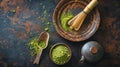 Matcha tea powder in a wooden plate on dark background Royalty Free Stock Photo