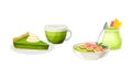 Matcha tea products set. Green delicious desserts and beverages vector illustration