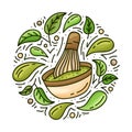 Matcha tea. Round doodle template. Hand drawn vector food concept. Contour illustration for card, sticker, poster. Color cartoon