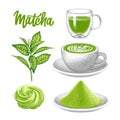 Matcha tea set. Powder, latte, cup of tea, sweet cake, branch of green tea leaves and lettering. Illustration in vintage