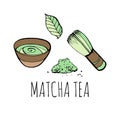 Matcha tea set. Objects isolated. Vector hand drawn illustration. Royalty Free Stock Photo