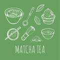 Matcha tea set. Objects isolated. Vector hand drawn illustration. Royalty Free Stock Photo