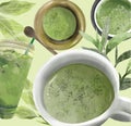 Matcha tea set traditional japanese drink. Hand Drown elements for your design Royalty Free Stock Photo