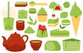 Matcha tea and sweets. Japanese green matcha products, powder, leaves, teapot and cups, bubble tea. Healthy pastry and