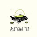 Matcha tea. Vector doodle illustration of teapot and cuos. Japanese tea ceremony