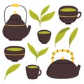 Matcha tea. Vector set of organic tea matcha powder, tea leaves, teapot, traditional cup. green tea ceremony.
