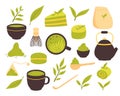 Matcha tea. Vector set of organic tea matcha powder, tea leaves, teapot, traditional cup.