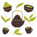 Matcha tea. Vector set of organic tea matcha powder, tea leaves, teapot, traditional cup.