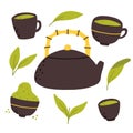 Matcha tea. Vector set of organic tea matcha powder, tea leaves, teapot, traditional cup.