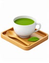 Matcha Tea in White Cup with Wooden Spoon on Square Tray on White Background Royalty Free Stock Photo