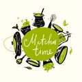 Matcha time. Vector doodle illustration of matcha tea products. Japanese tea ceremony. Royalty Free Stock Photo