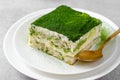 Matcha Tiramisu, Italian Tiramisu Cake with Matcha Green Tea on Concrete Background Royalty Free Stock Photo