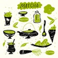 Matcha. Vector doodle illustration of matcha tea products. Japanese tea ceremony.