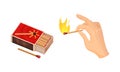 Matchbox and Hand Holding Match as Small Wooden Stick for Starting Fire Vector Set