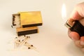 Matchboxes with matches and a hand with a lighter on a white background kopi space alternative Royalty Free Stock Photo