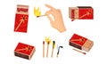 Matchboxes with Matches Inside and with Hand Striking a Match Vector Set