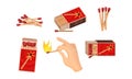 Matchboxes with Matches Inside and with Hand Striking a Match Vector Set