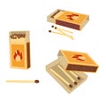 Matchboxes and matches set. Flat design style. Vector illustration highlighted on a white background.