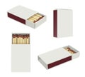 Matchboxes. Realistic burning stick matches containers for wooden matches decent vector templates set